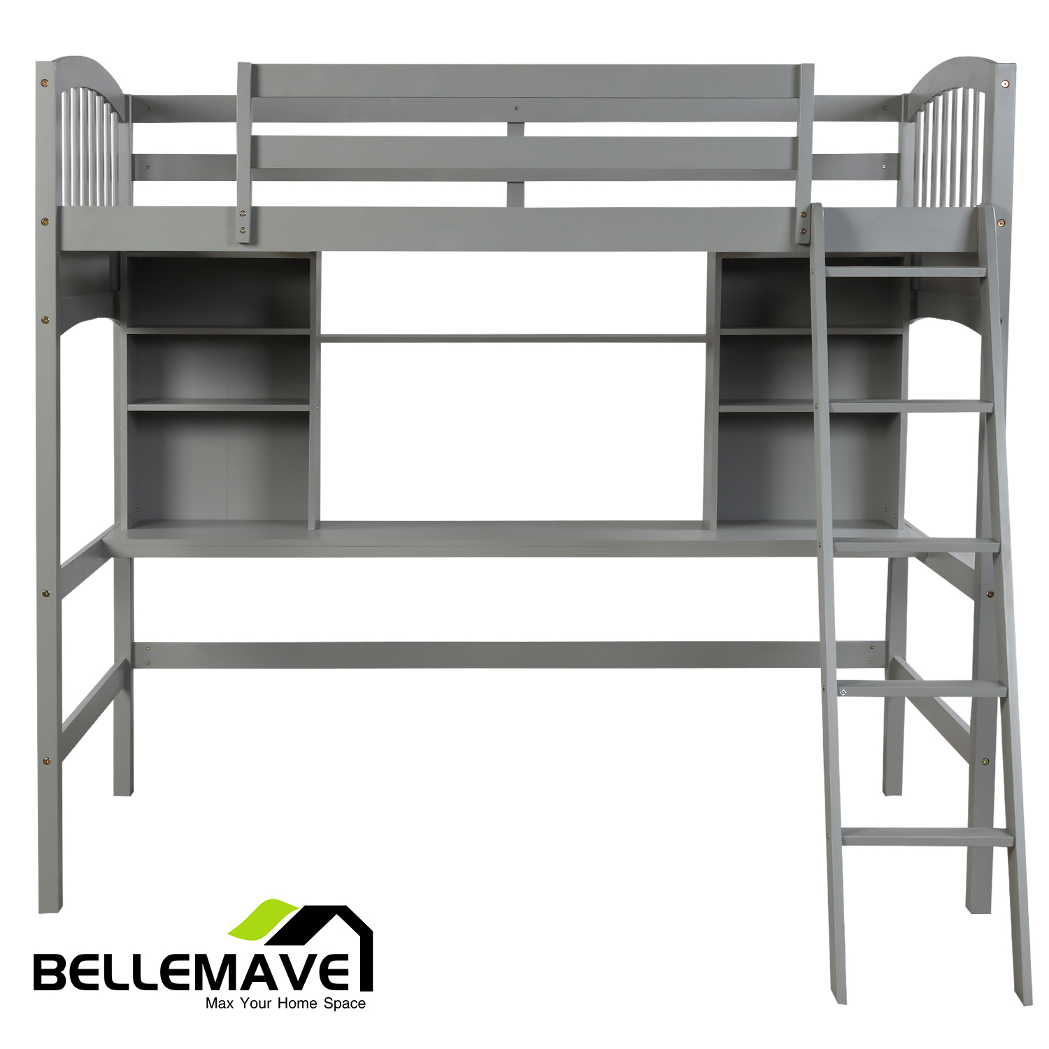 Bellemave Gray Twin Size Kids Loft Bed with Shelves and Desk for Bedroom, Wood Loft Bed Twin Size with Desk, Bookshelves and Inclined Ladder for Kids Teen