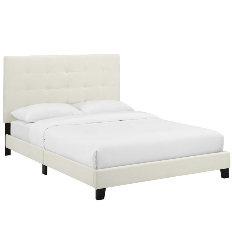 Hawthorne Collections Modern Button Tufted Velvet Queen Platform Bed in Ivory