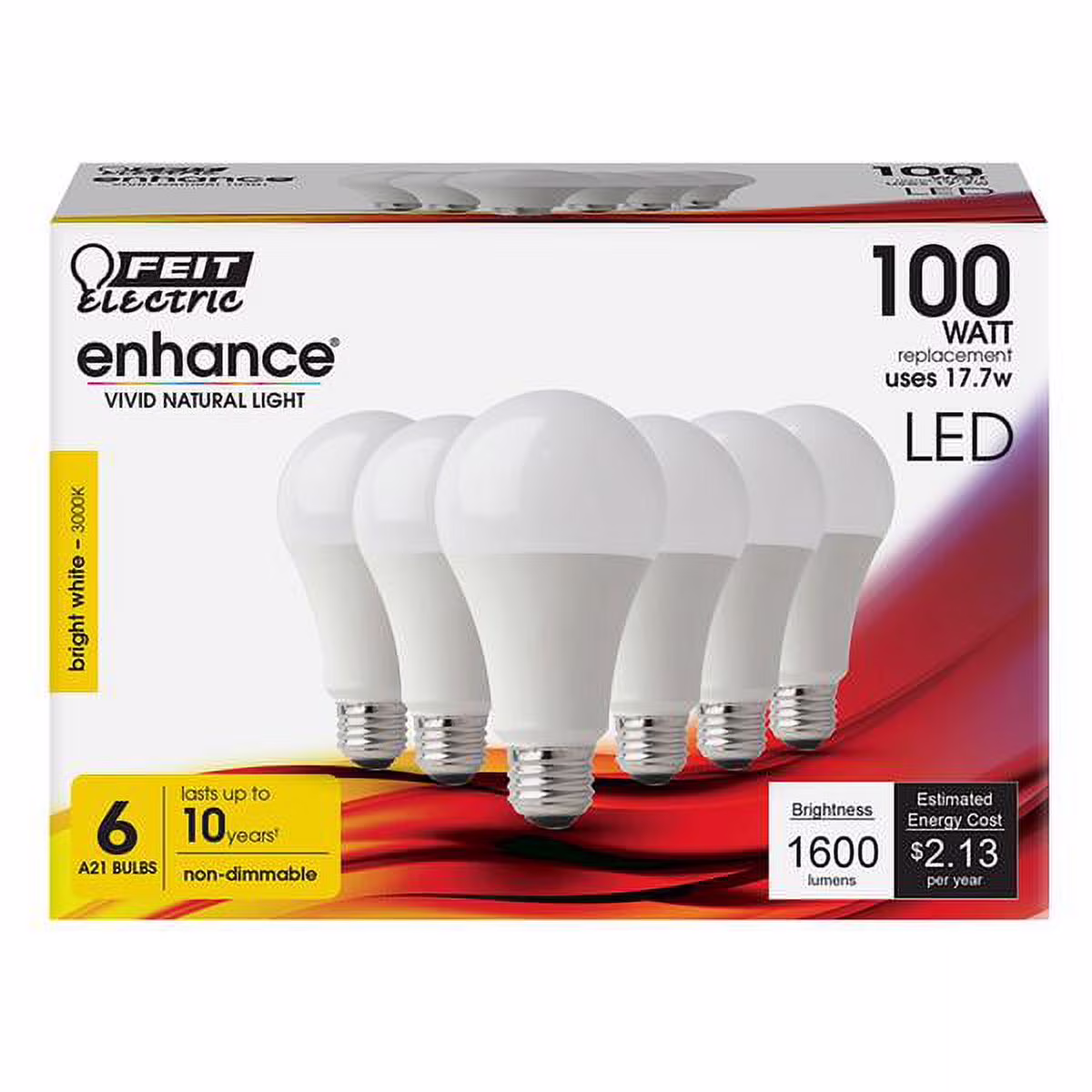 Feit Electric Enhance A21 E26 (Medium) LED Bulb Bright White 100 watt Watt Equivalence 6 pk