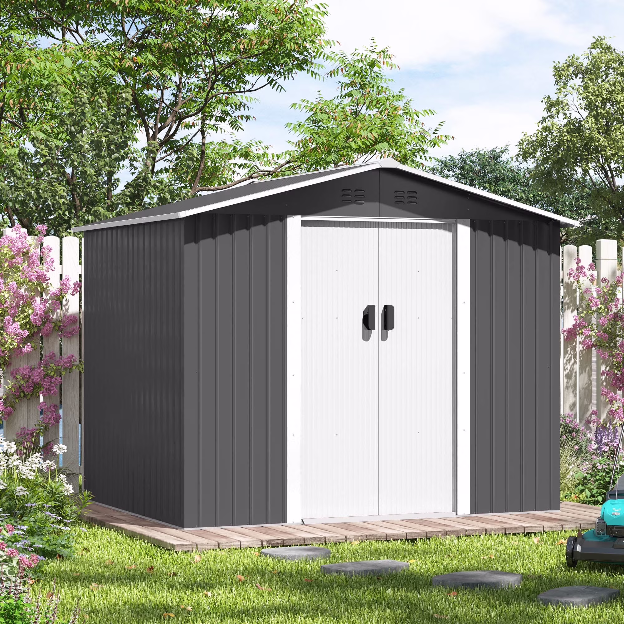 HOGYME 8' x 6' Outdoor Metal Storage Shed, Tools Storage Shed with Lockable Doors, Galvanized Steel Garden Shed for Backyard Patio Lawn, Gray & White
