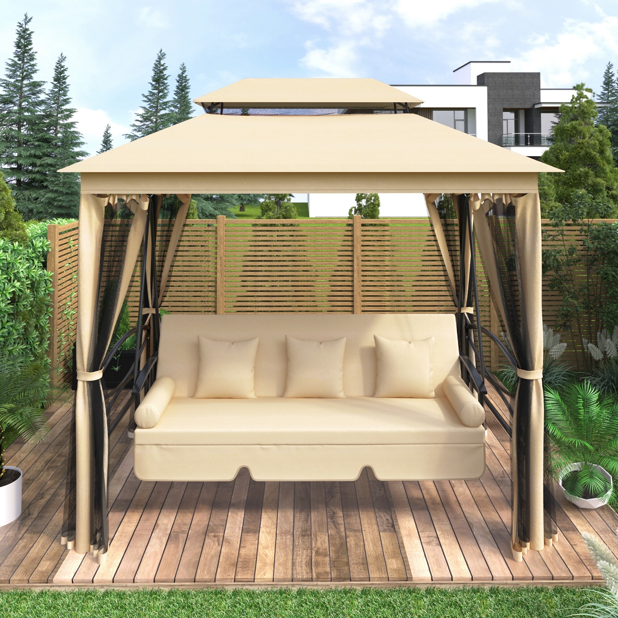 8.9 Ft. W x 5.9 Ft. D Outdoor Gazebo with Convertible Swing Bench, Double Roof Soft Canopy Gazebo with Mosquito Netting Beige