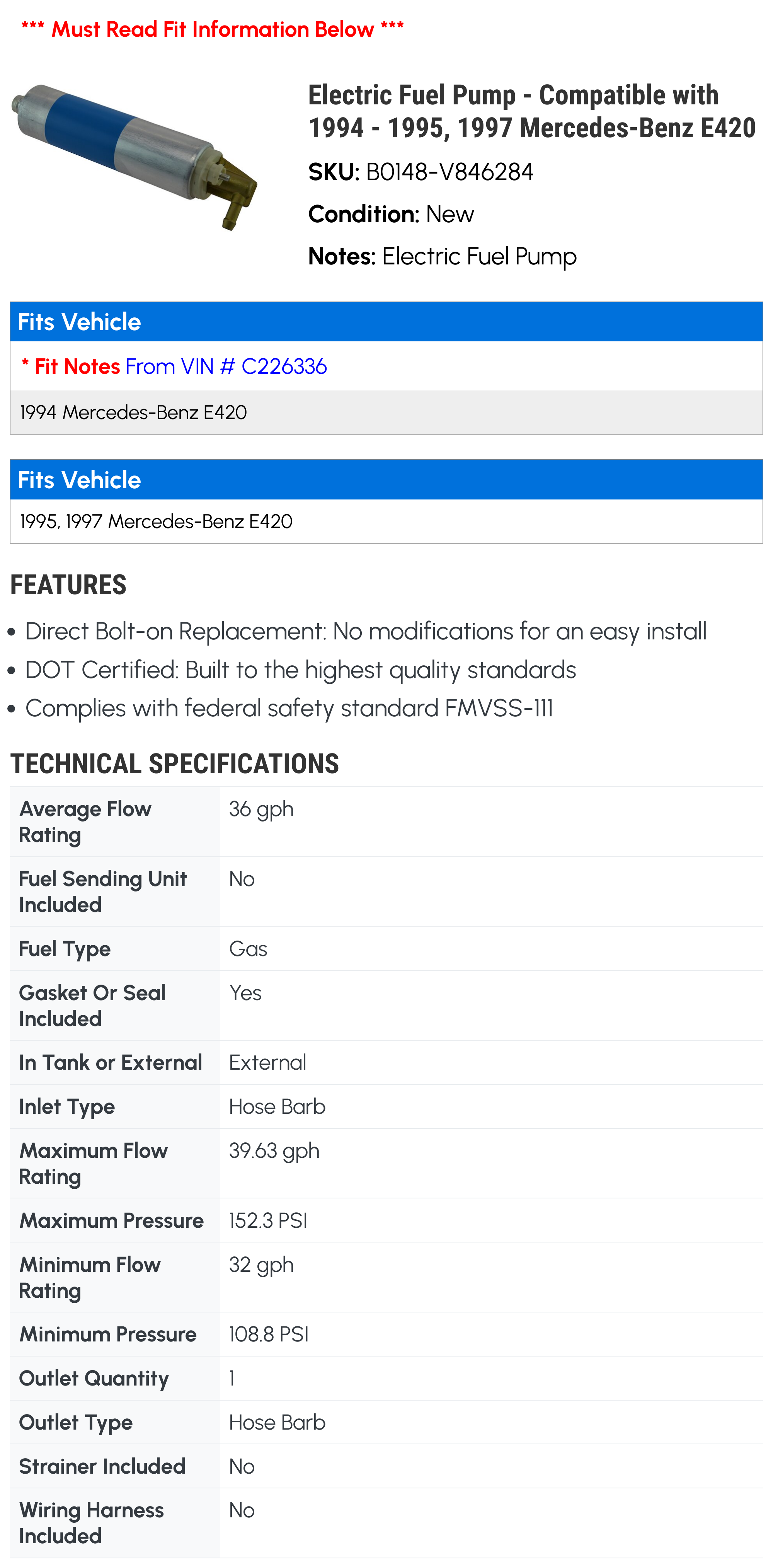 Electric Fuel Pump - Compatible with 1994 - 1995, 1997 Mercedes-Benz E420