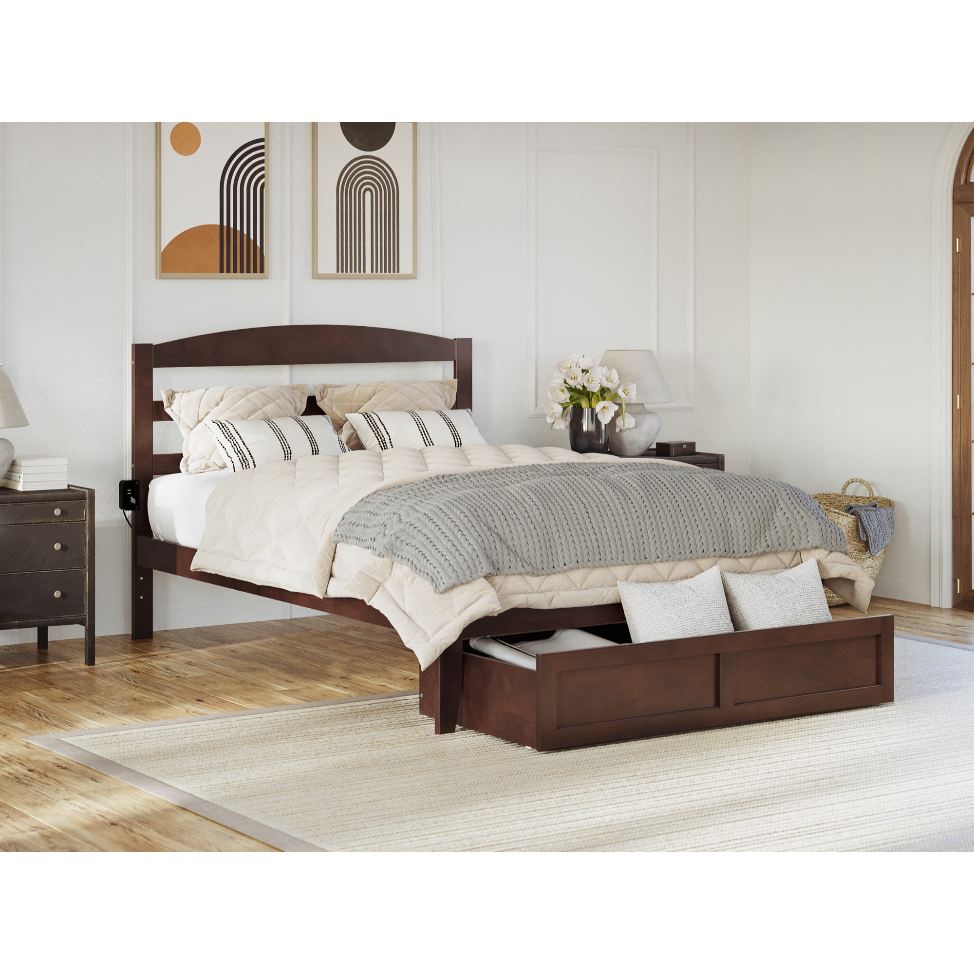 AFI Warren Solid Wood Traditional Queen Bed w/ Drawer in Walnut