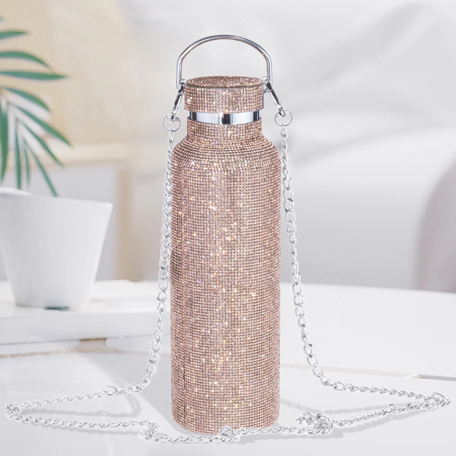 Bottle with Chain 500ml/17oz Stainless Steel Refillable Insulated Bottle Sparkling Vacuum Cup for 6-12H Insulation , Rose Gold