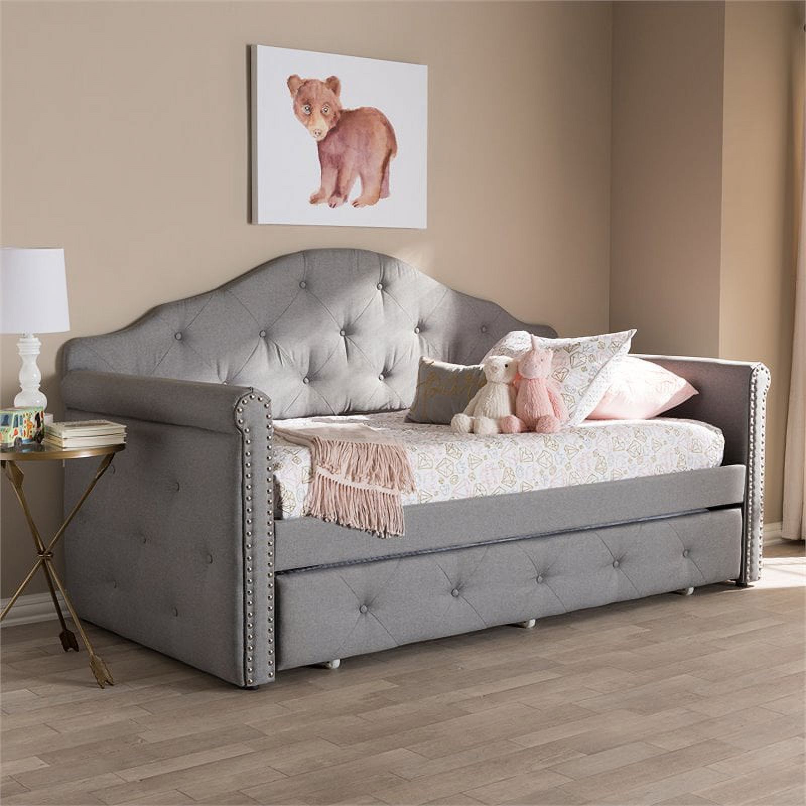 Bowery Hill Contemporary Fabric Tufted Daybed with Trundle in Gray