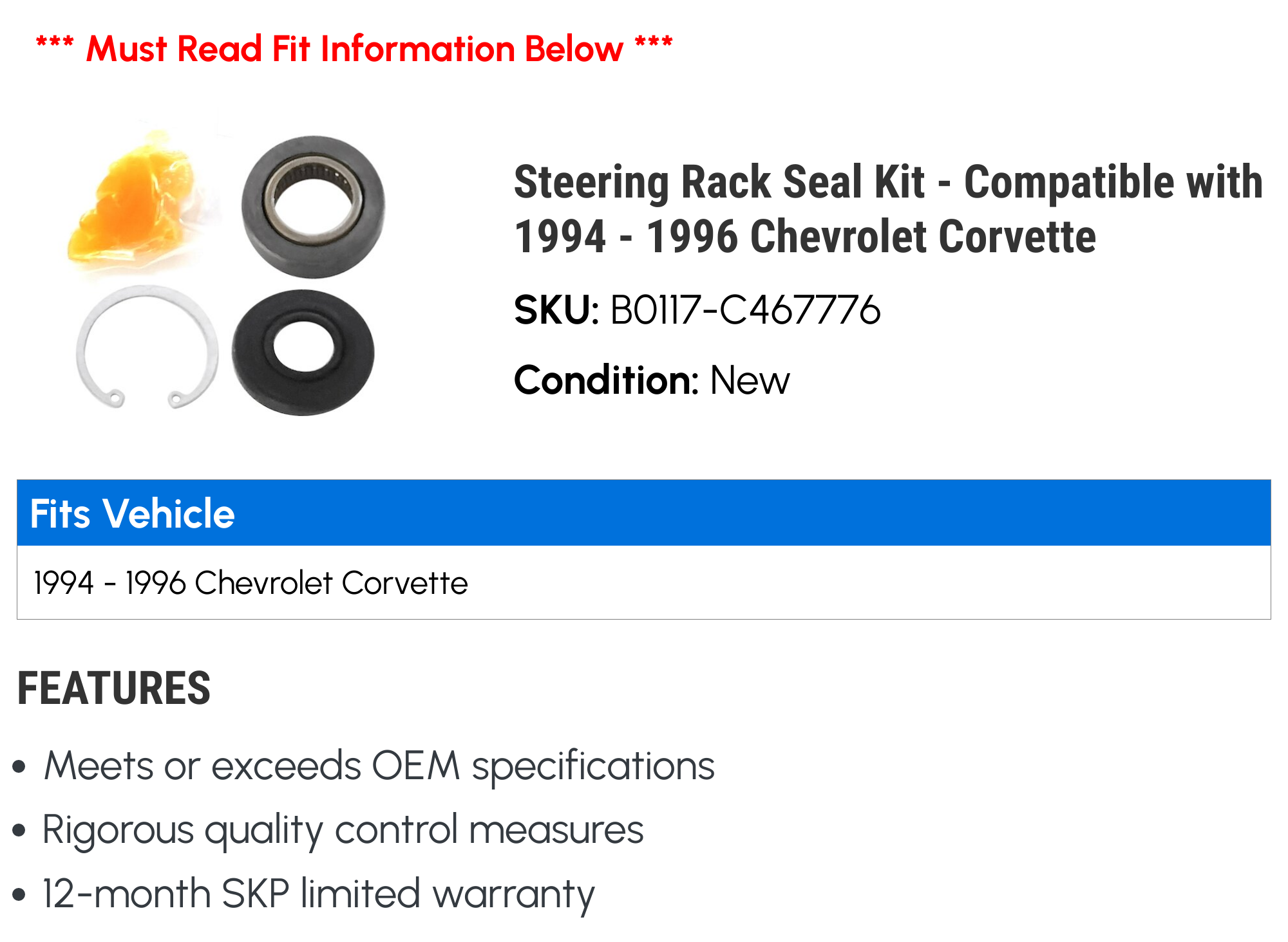 Steering Rack Seal Kit - Compatible with 1994 - 1996 Chevy Corvette 1995