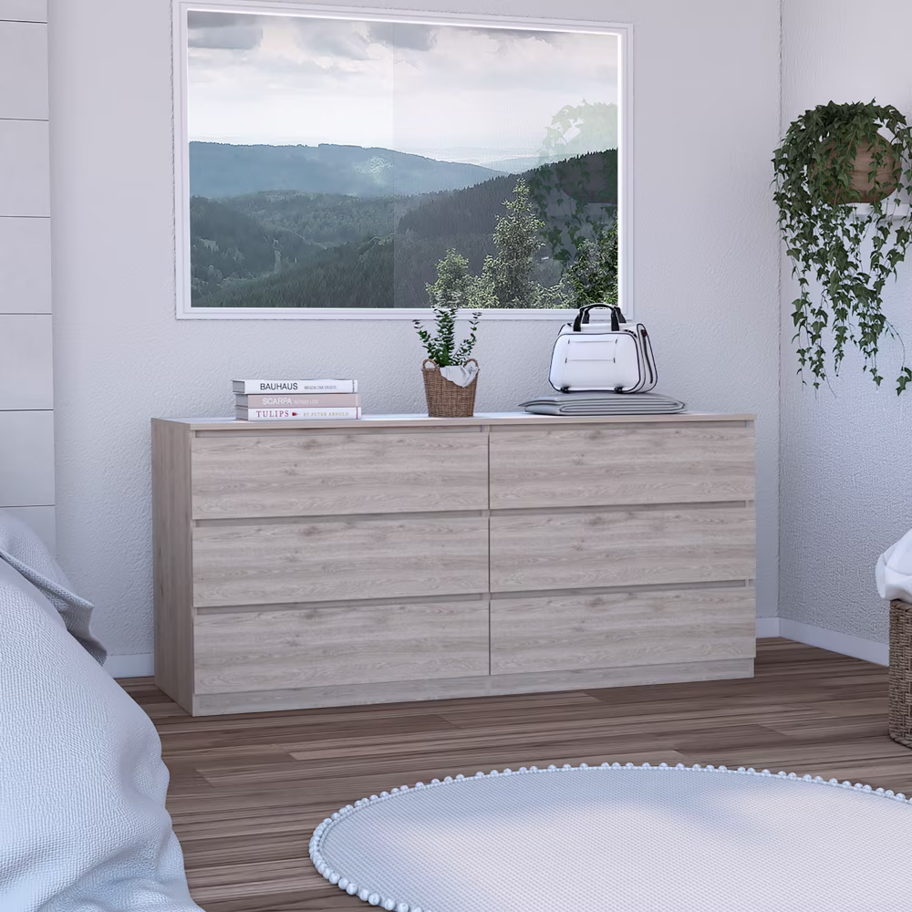 CoSoTower 6 Drawer Double Dresser, Metal Handles -Light Gray