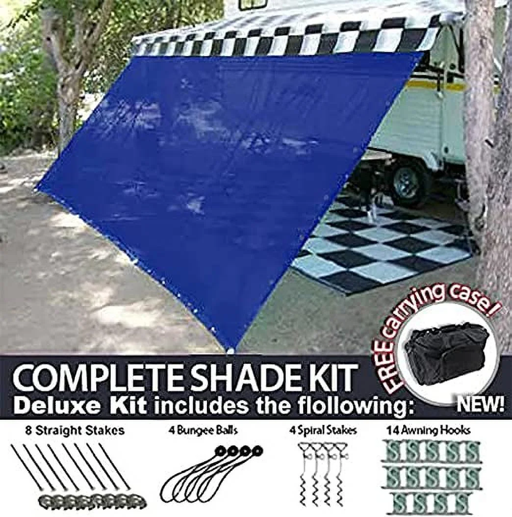 RV Awning Shade Motorhome Patio Sun Screen Complete Deluxe Kit (Blue) (8x18)