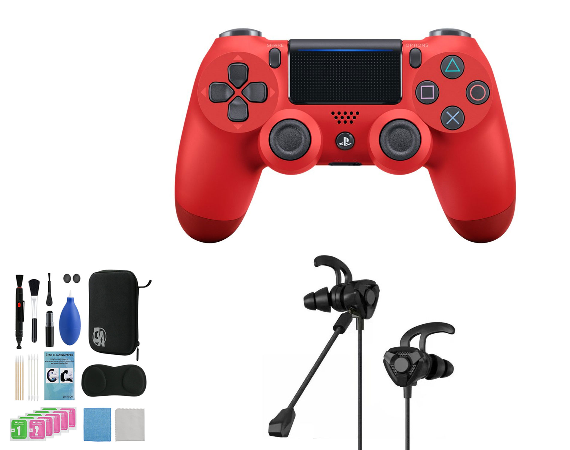 Sony Dual Shock Red Gaming Controller PS4 Console With Black Gaming Buds + Cleaning Kit BOLT AXTION Bundle Like New