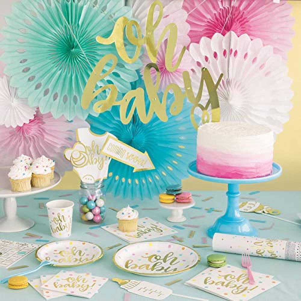 Oh Baby White and Gold Neutral Baby Shower Party Supplies - Paper Dinner Plates and Lunch Napkins (Serves 16)