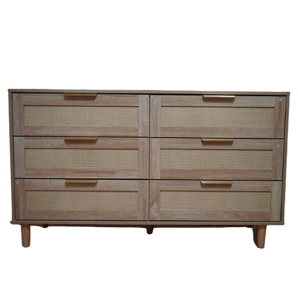 JOLLY JAUNTS 6 Drawer Dresser, Spacious Chest of Drawers with Gold Handles, Natural Wood Drawer Chest for Bedroom, Living Room, Hallway