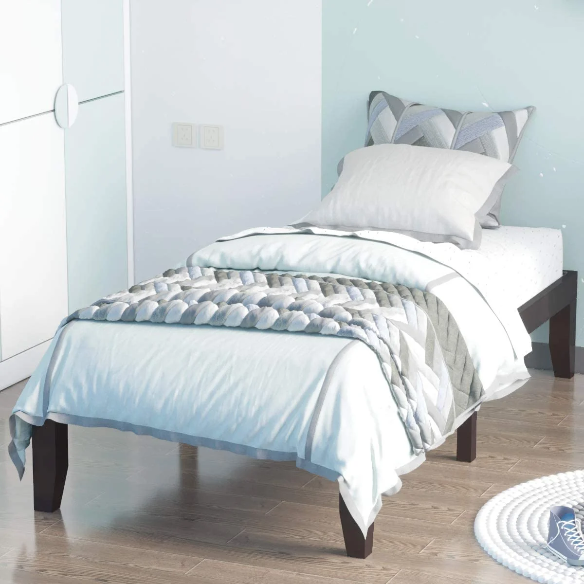 14 Inches Wood Platform Bed Frame Twin Size, Solid Wood Mattress Foundation with Rubber Wood Frame, Strong Poplar Wood Slat Support, No Box Spring Needed (Dark Brown)