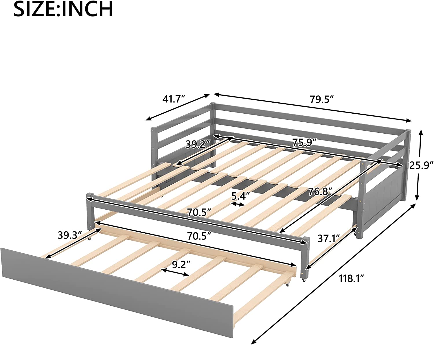 Daybed With Trundle Wood Extendable Day Bed Frame To Double Size Daybeds Wooden Sofa Beds For Living Room Bedroom, Gray