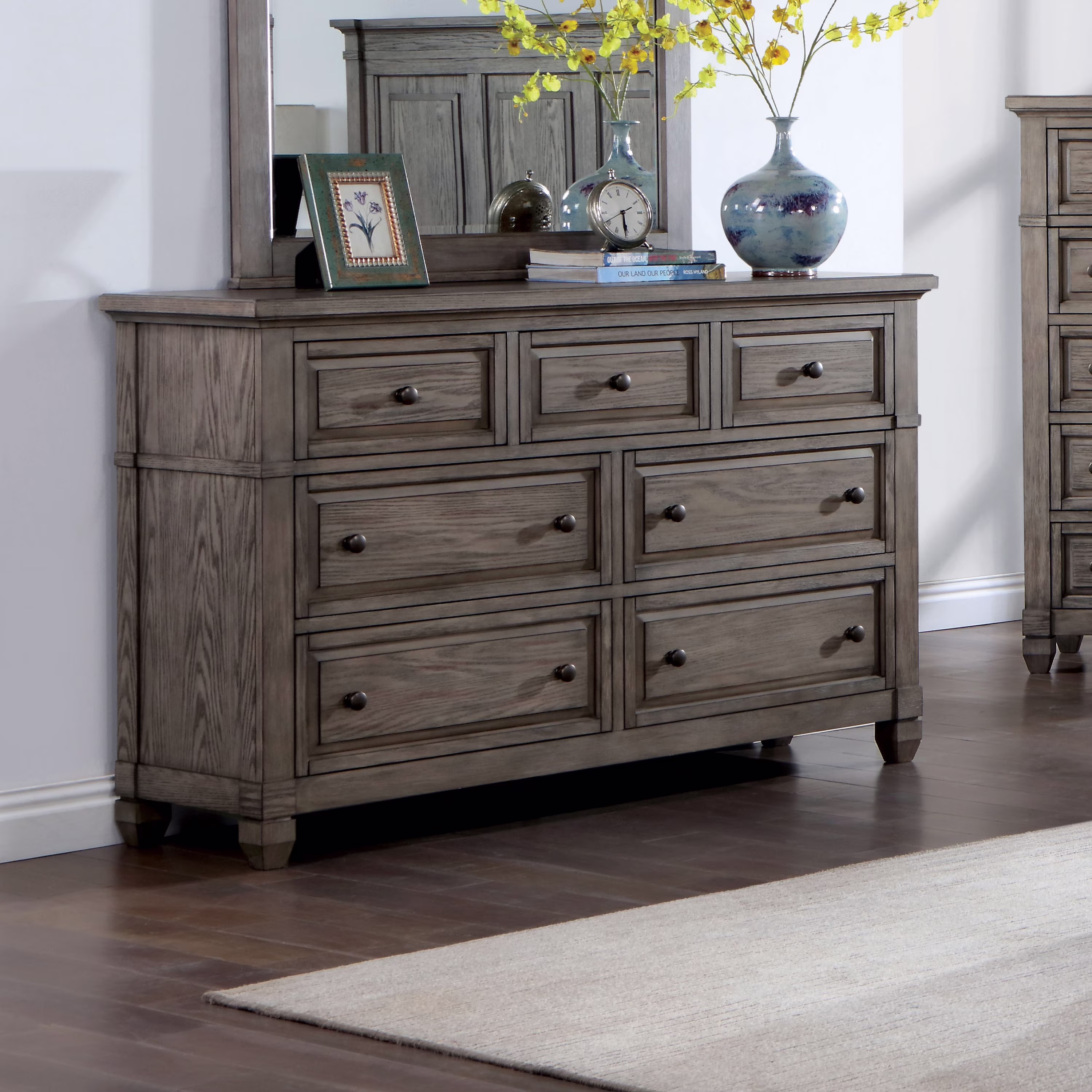 Furniture of America Penny Solid Wood 7-Drawer Dresser, Warm Gray