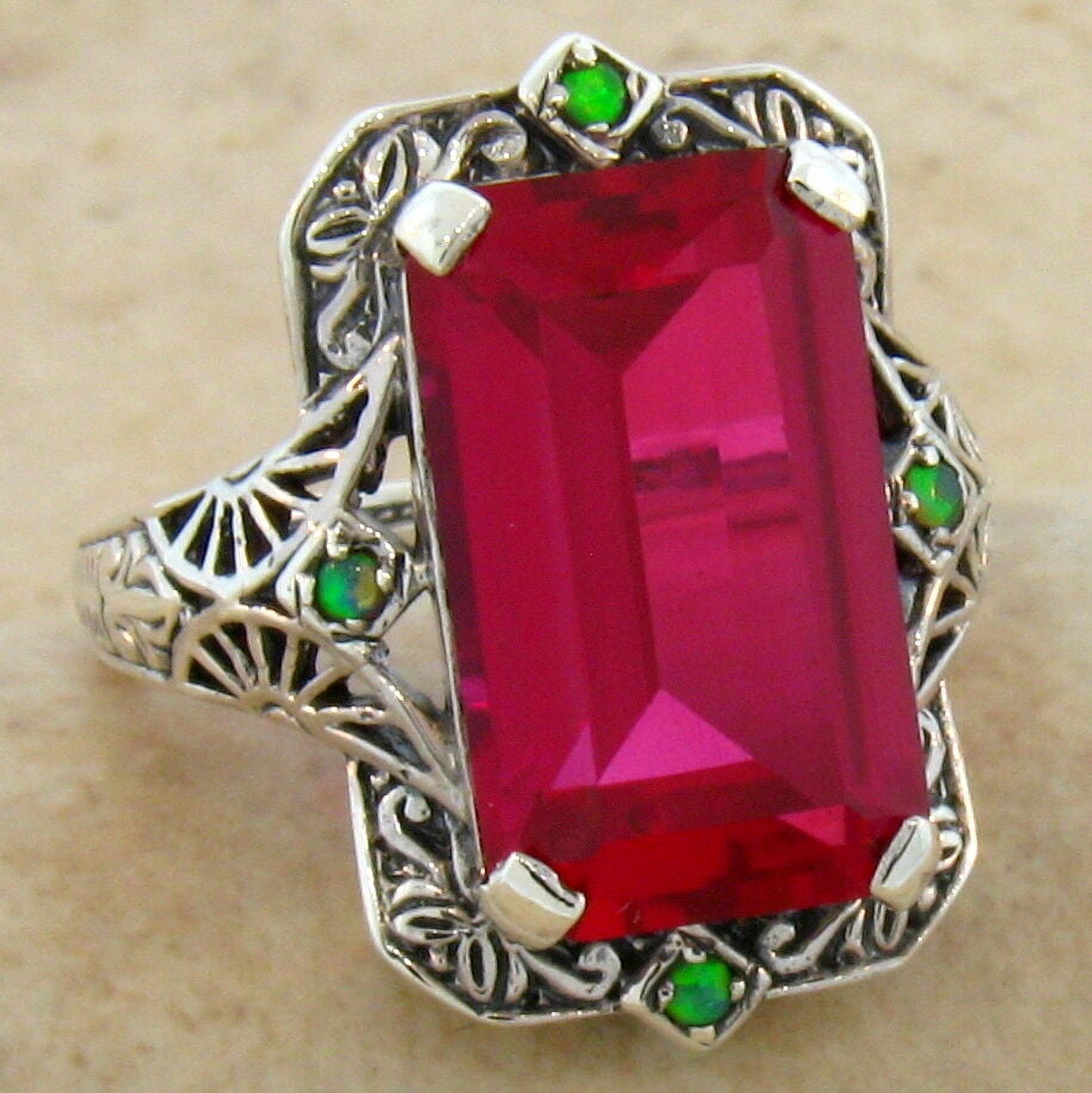 ART DECO STYLE 925 STERLING SILVER 9 CARAT VIVID RED LAB RUBY & OPAL RING    #479