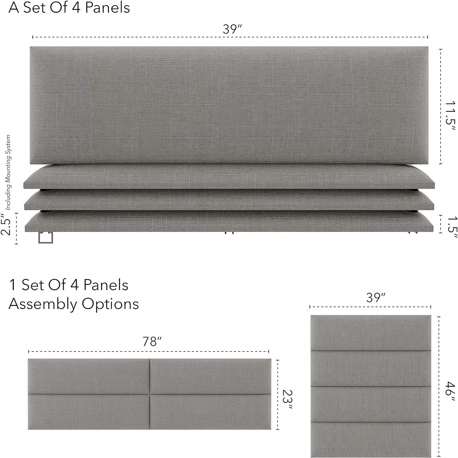 Upholstered Headboards - Accent Wall Panels - Weave Moondust Grey - /King - Set Of 4 Panels (Each Individual Panel 30