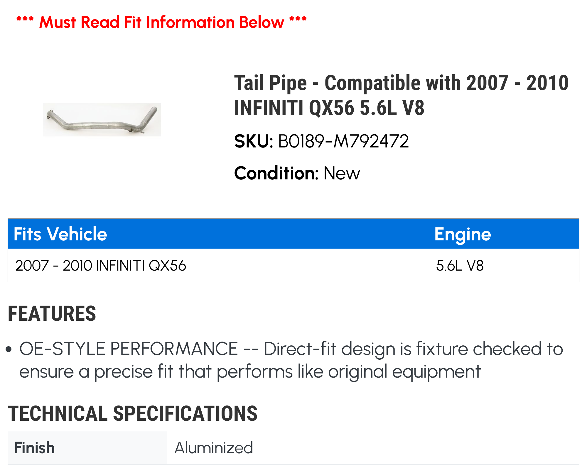 Tail Line - Compatible with 2007 - 2010 INFINITI QX56 5.6L V8 2008 2009