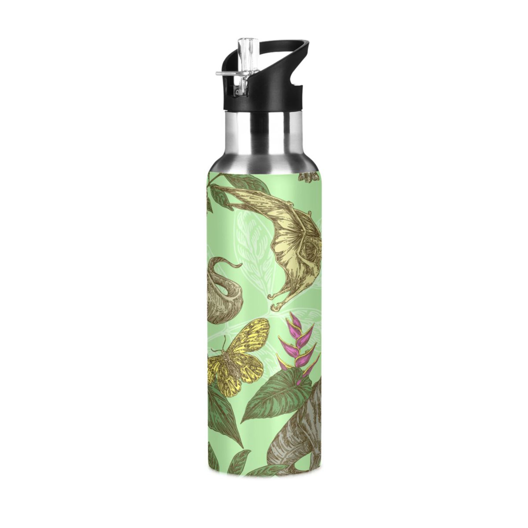Water Bottle with Straw Lid Leak Dinosaur Butterfly Leaves Stainless Steel Insulated Thermos Vacuum Flask for Cold Hot Drinking for Sports Camping Gym Yoga