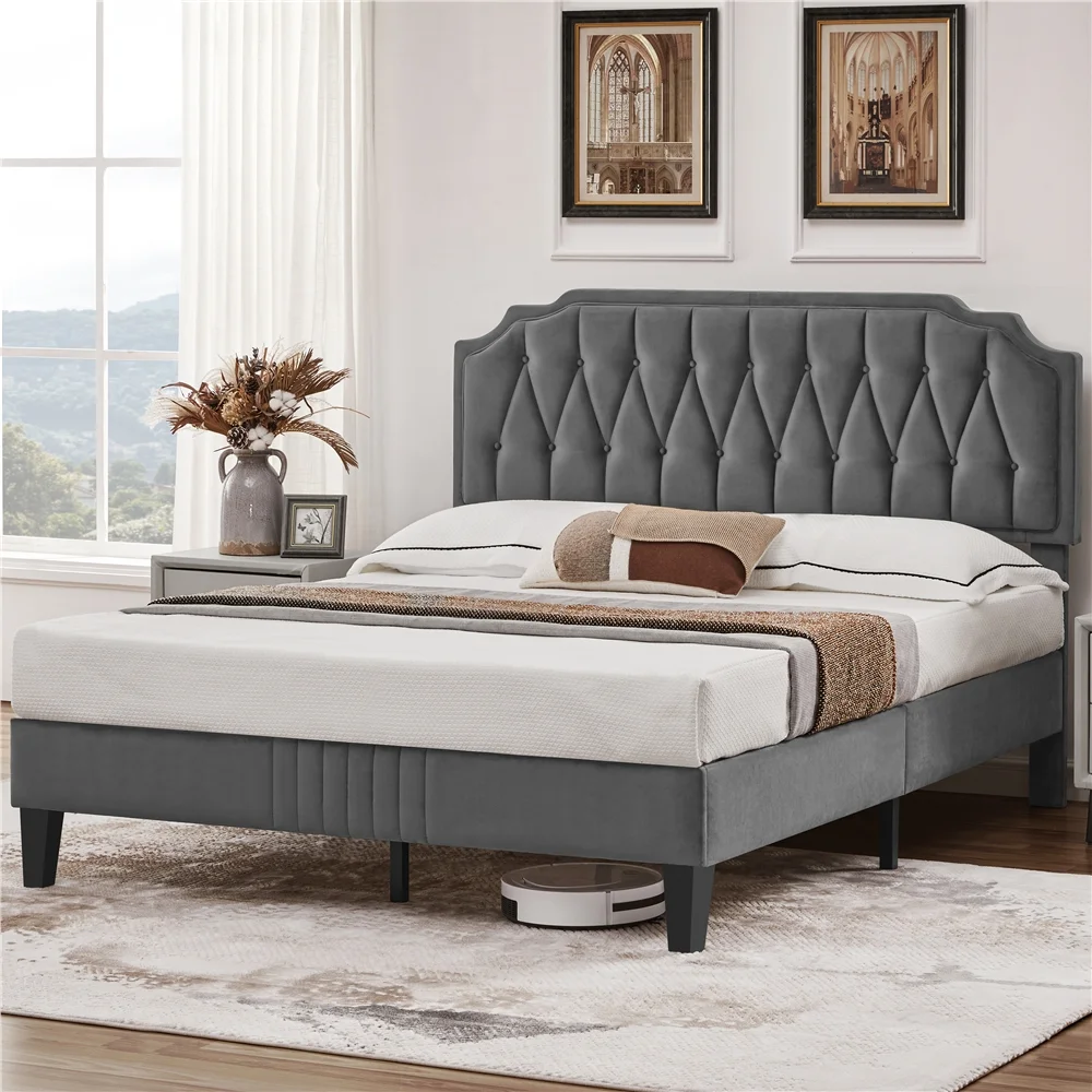 Easyfashion Upholstered Queen Bed with Button-Tufted Headboard for Adult, Dark Gray