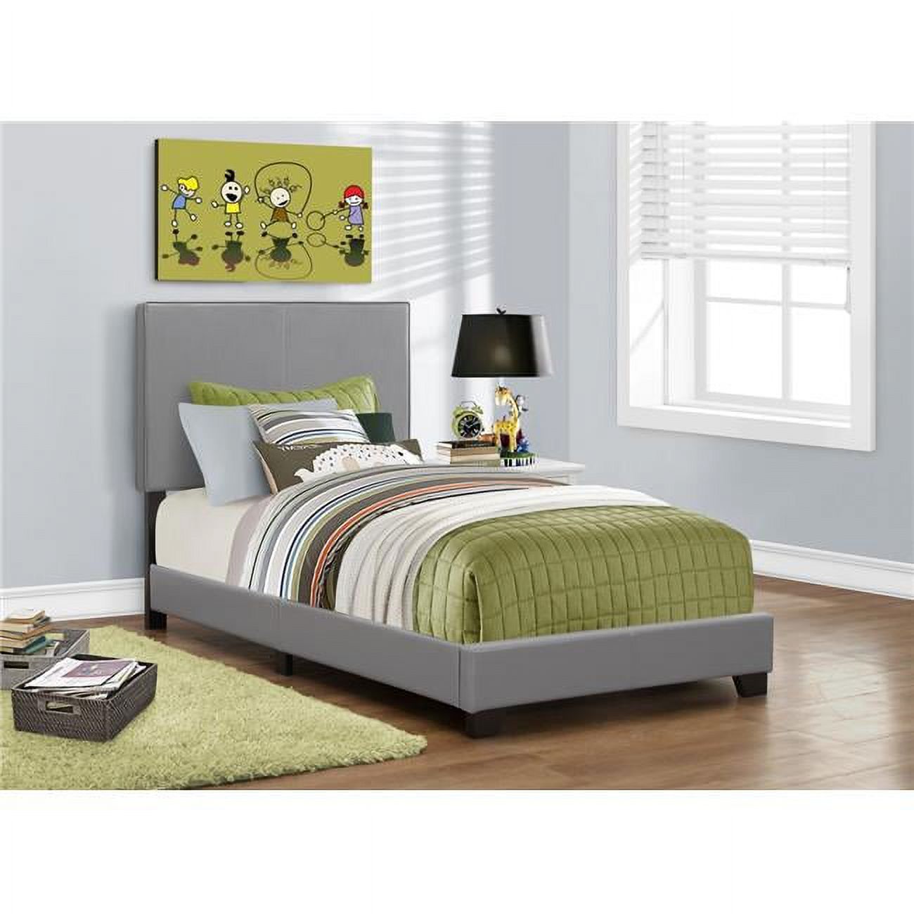 Monarch Specialties  Leather Look Bed - Grey, Twin Size