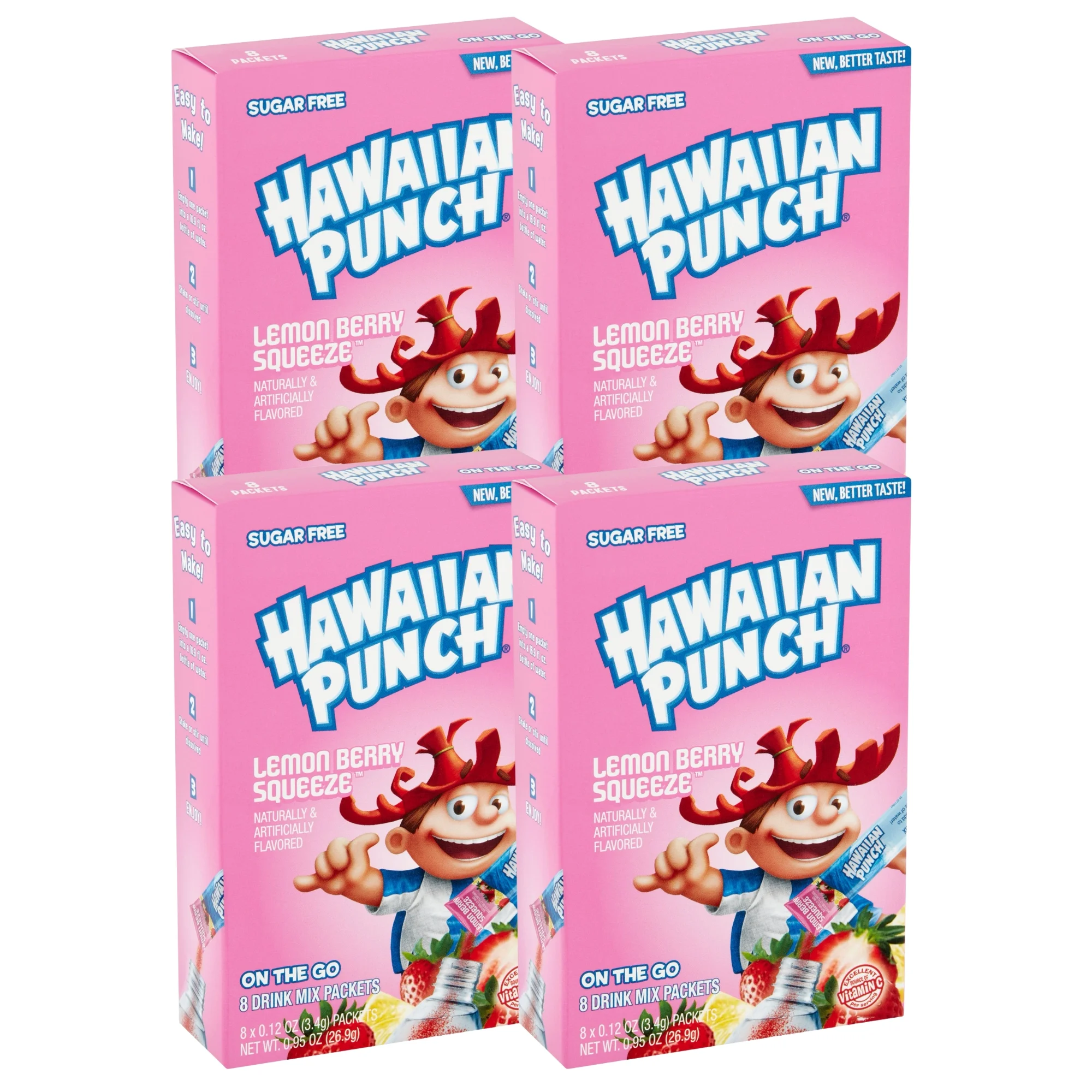 Hawaiian Punch  Singles To Go Powder Drink Mix, Lemon Berry Squeeze Flavored Drinks  Low-Calorie & Delicious Fruity Taste Water Enhancer Quick & Convenient Water Beverages (4 Boxes- 32 Total Servings)