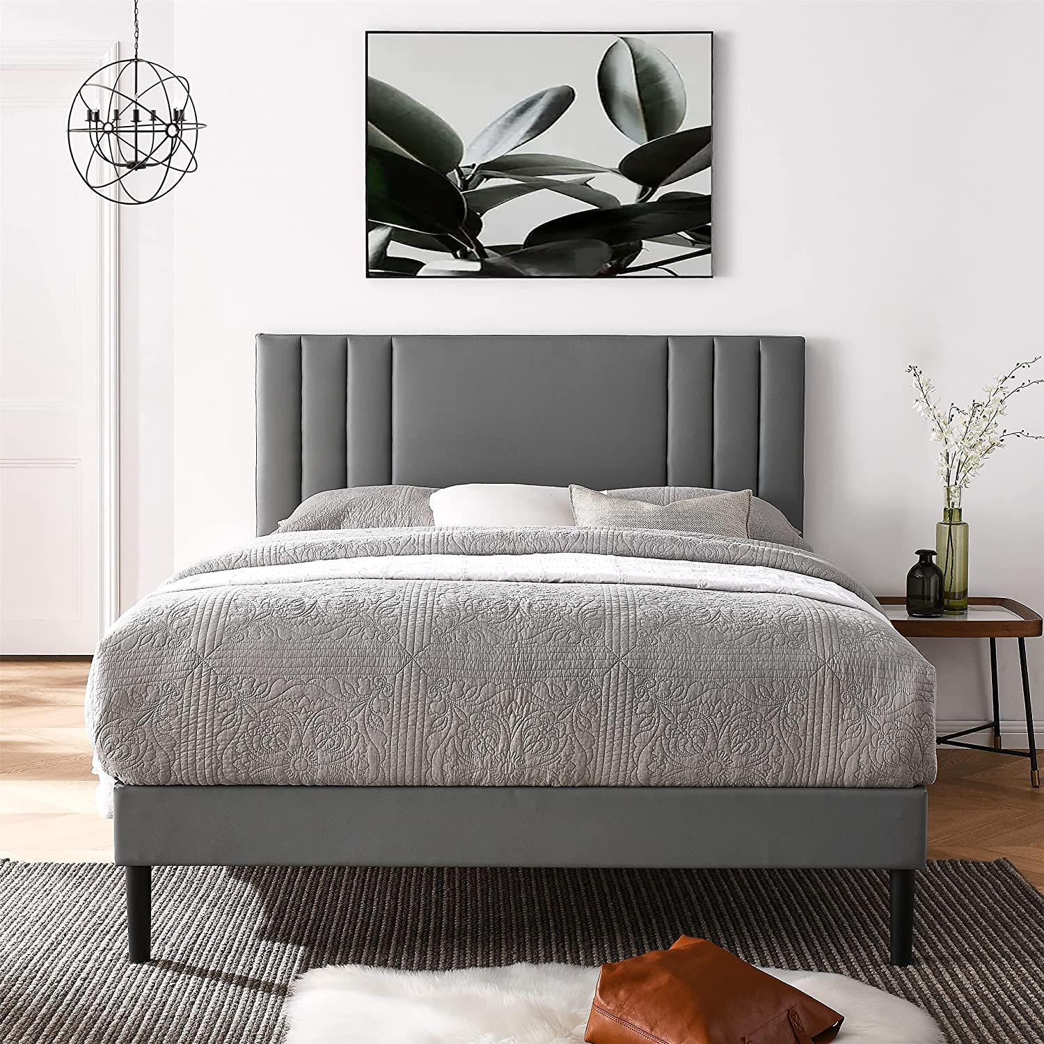 MUSEHOMEINC Mid-Century Tufted Upholstered Platform Bed Frame with Adjustable Height Headboard for Bedroom King Faux Leather Upholstery Bed Frame Wooden Slats & No Box Spring Needed G