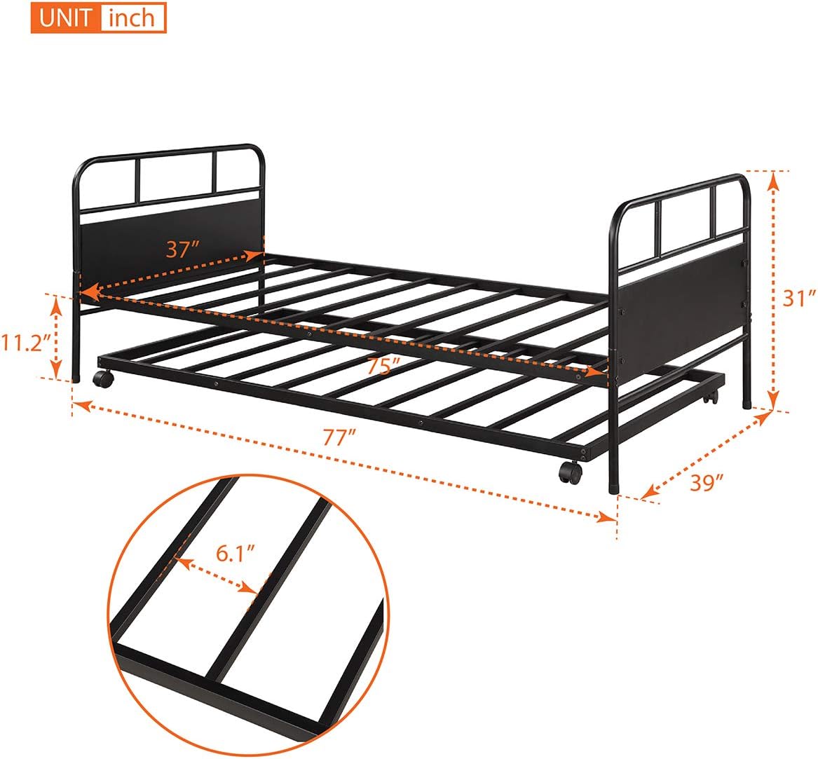 Size Metal Daybed With Trundle Platform Bed Frame Trundle Bed With Built-In Casters For Living Room, Guest Room, Black