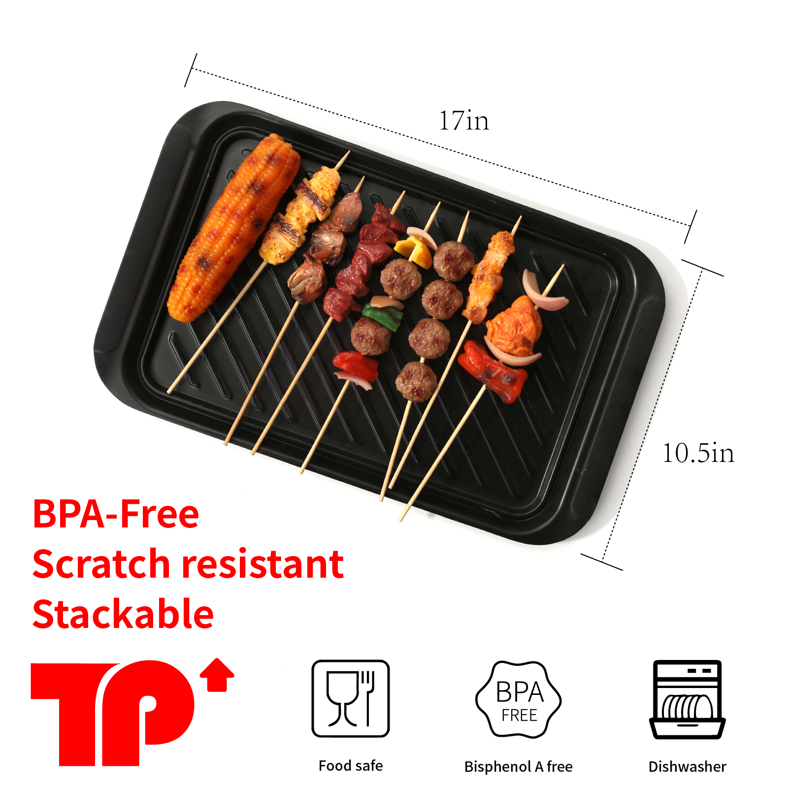 TP 2-Piece Melamine Serving Trays, Grill Prep and Serving Platters for Outdoor BBQ, Dishwasher Safe, Red & Black