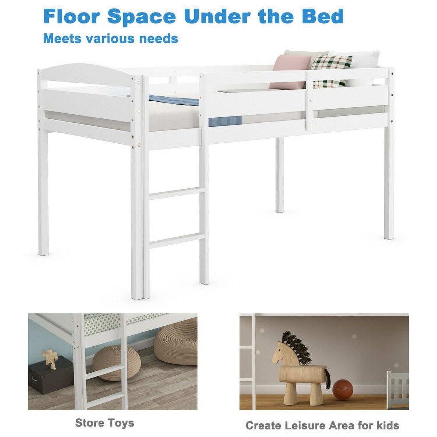 Wooden Twin Low Loft Bunk Bed with Guard Rail and Ladder