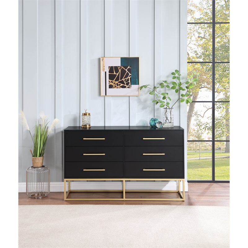 Meridian Furniture Maxine Black Dresser with Gold Metal Legs and Handle