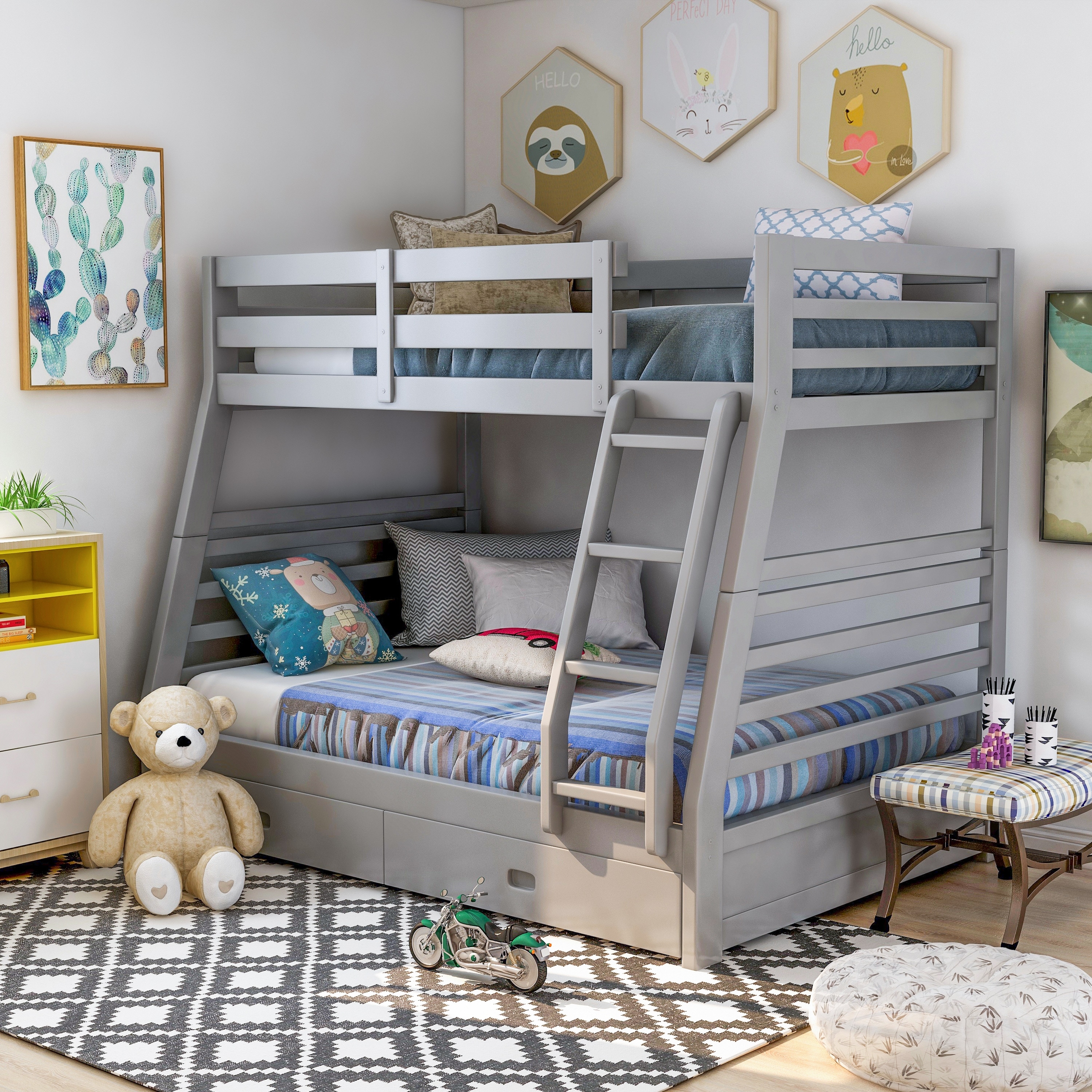 Furniture of America Cude Modern Twin over Full Solid Wood Bunk Bed Set by  Dark Walnut Powder Coated, Wood Finish