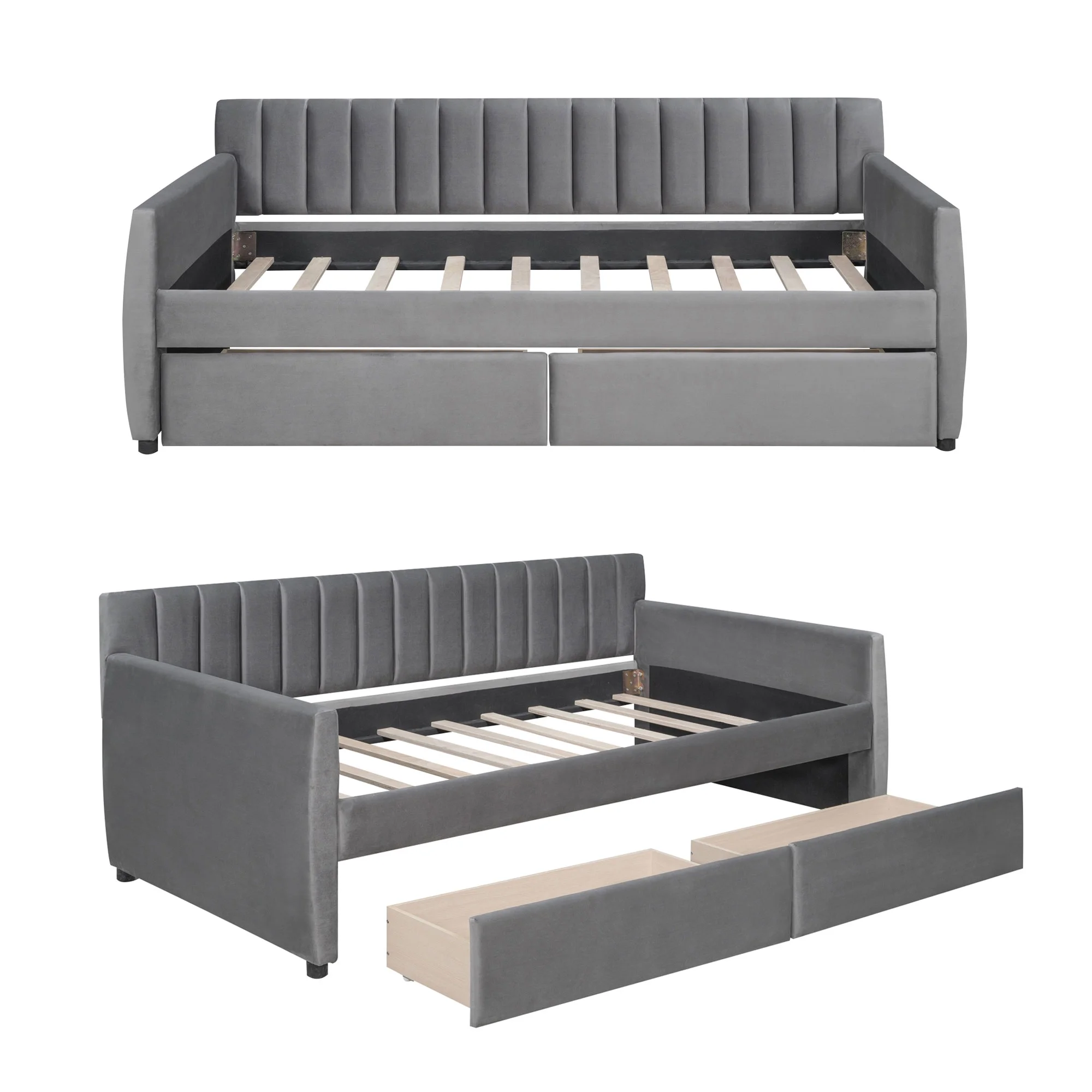 Elegant and Comfortable Velvet Fabric Twin Size Upholstered Daybed with Two Storage Drawers, Gray