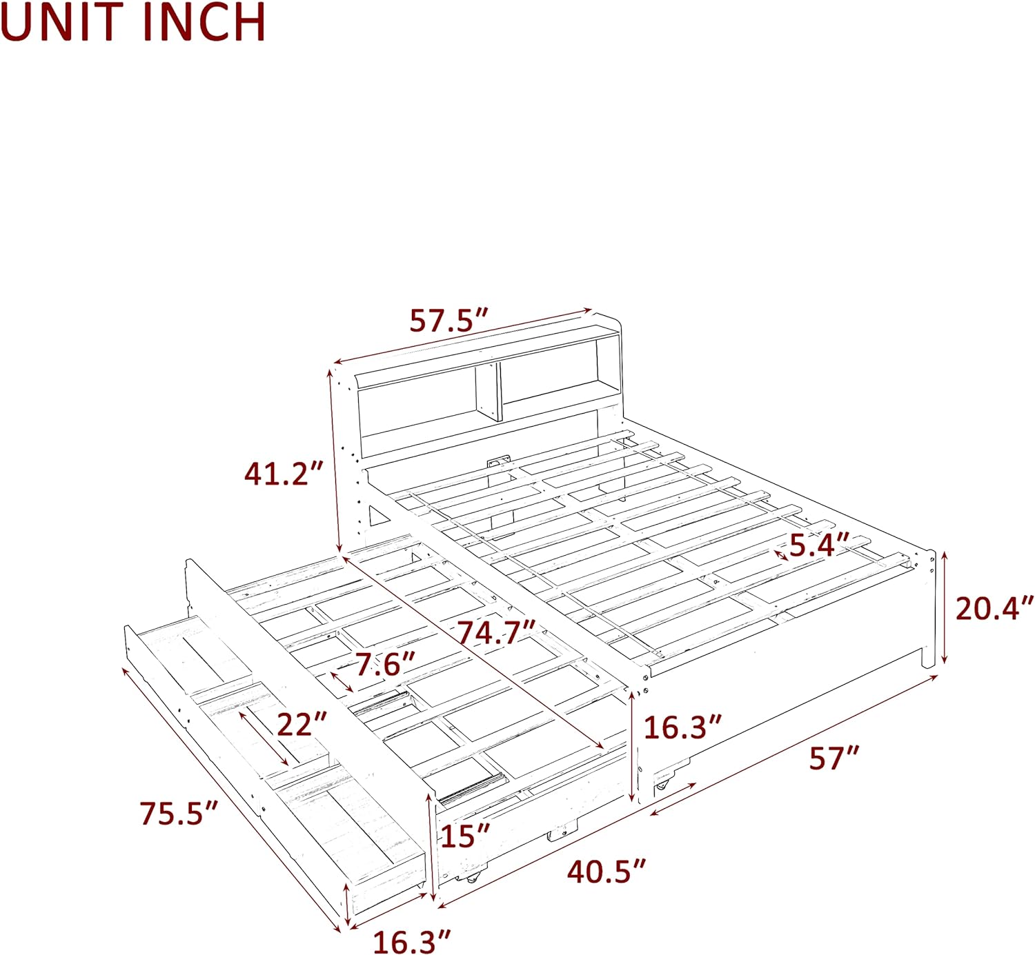 Full Bed With Size Trundle And Drawers, Solid Wood Platform Bed Frame With Bookcase Headboard For Kids Teens Adults (Full Size, Gray)