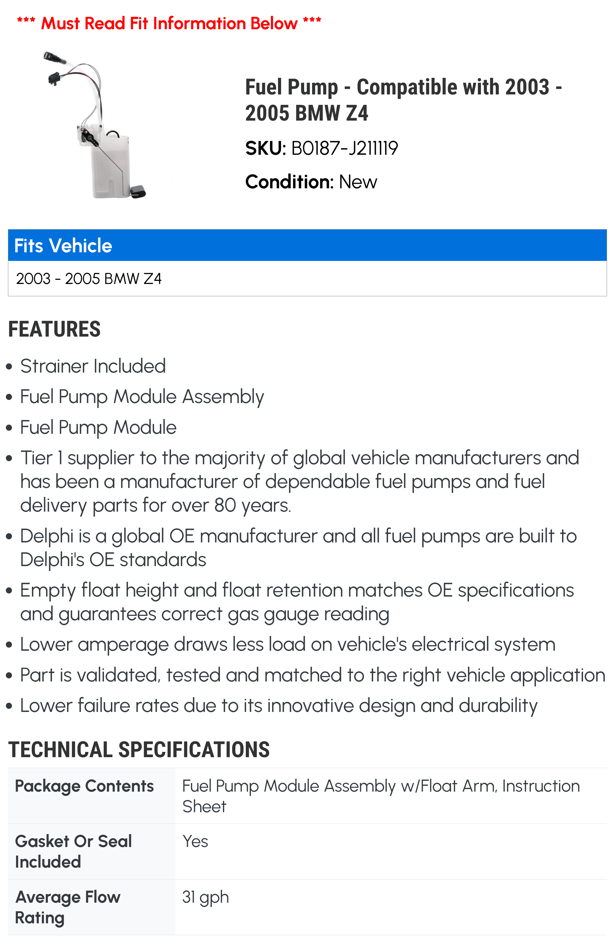 Fuel Pump - Compatible with 2003 - 2005 BMW Z4 2004