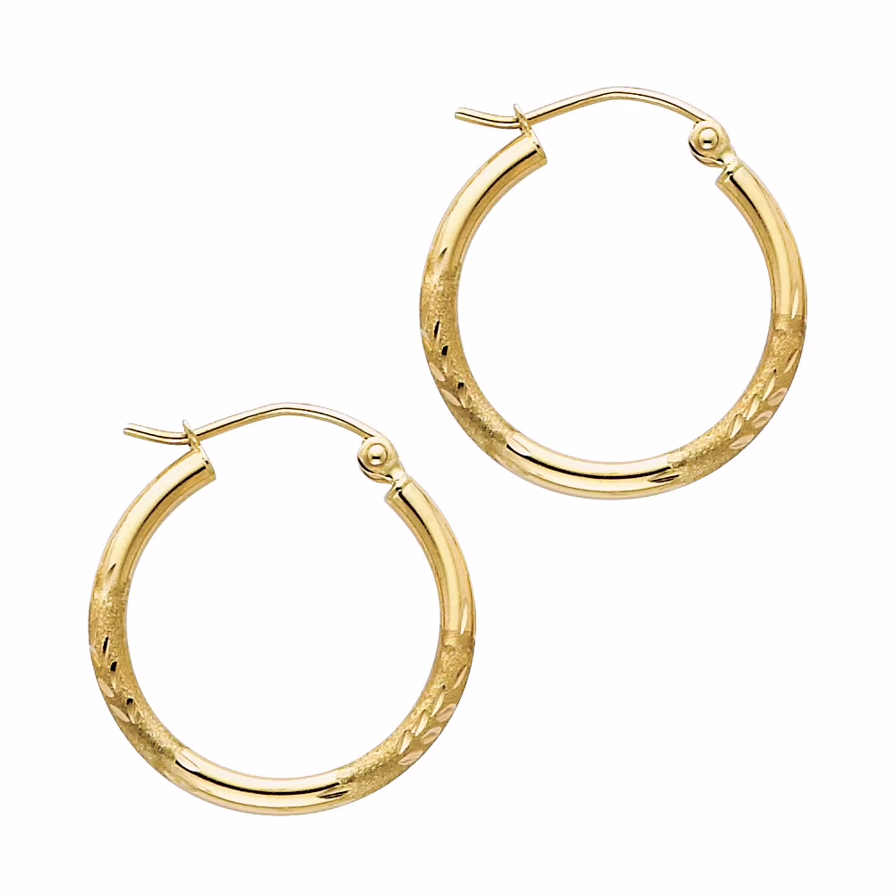 Satin Diamond Cut Hoop Earrings French Lock Polished Earrings 14k Yellow Gold Genuine New 20mm x 2mm