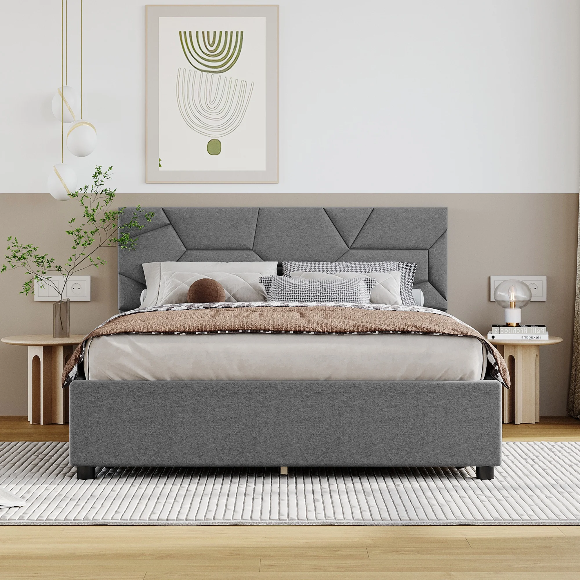 Full Size Upholstered Platform Bed with Brick Pattern Headboard and 4 Drawers, Linen Fabric, Gray