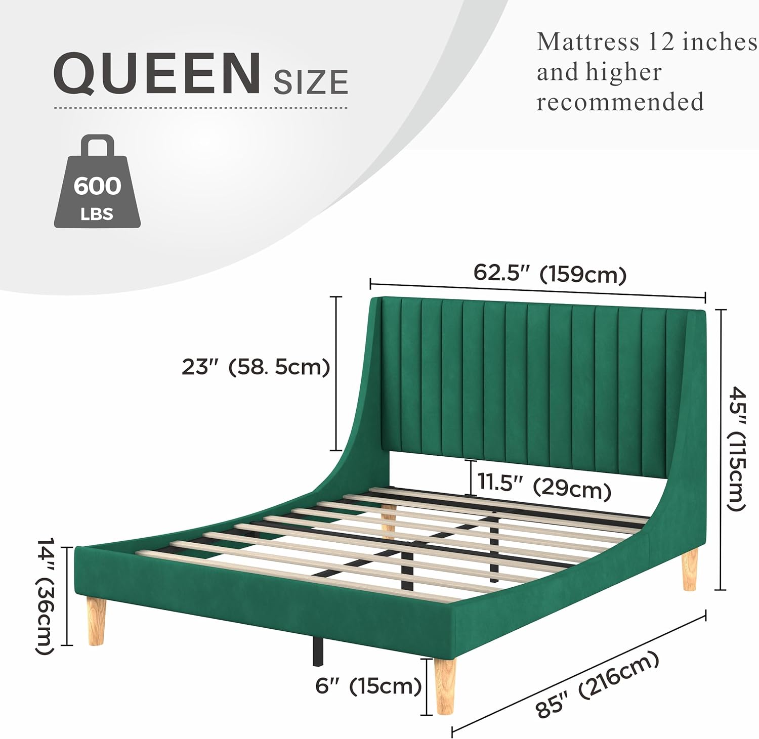 YGDU Bed Frame Queen Size Vertical Tufted Headboard Platform Beds with Wingback Design Green Velvet Queen Bed Frame, No Box Spring Needed