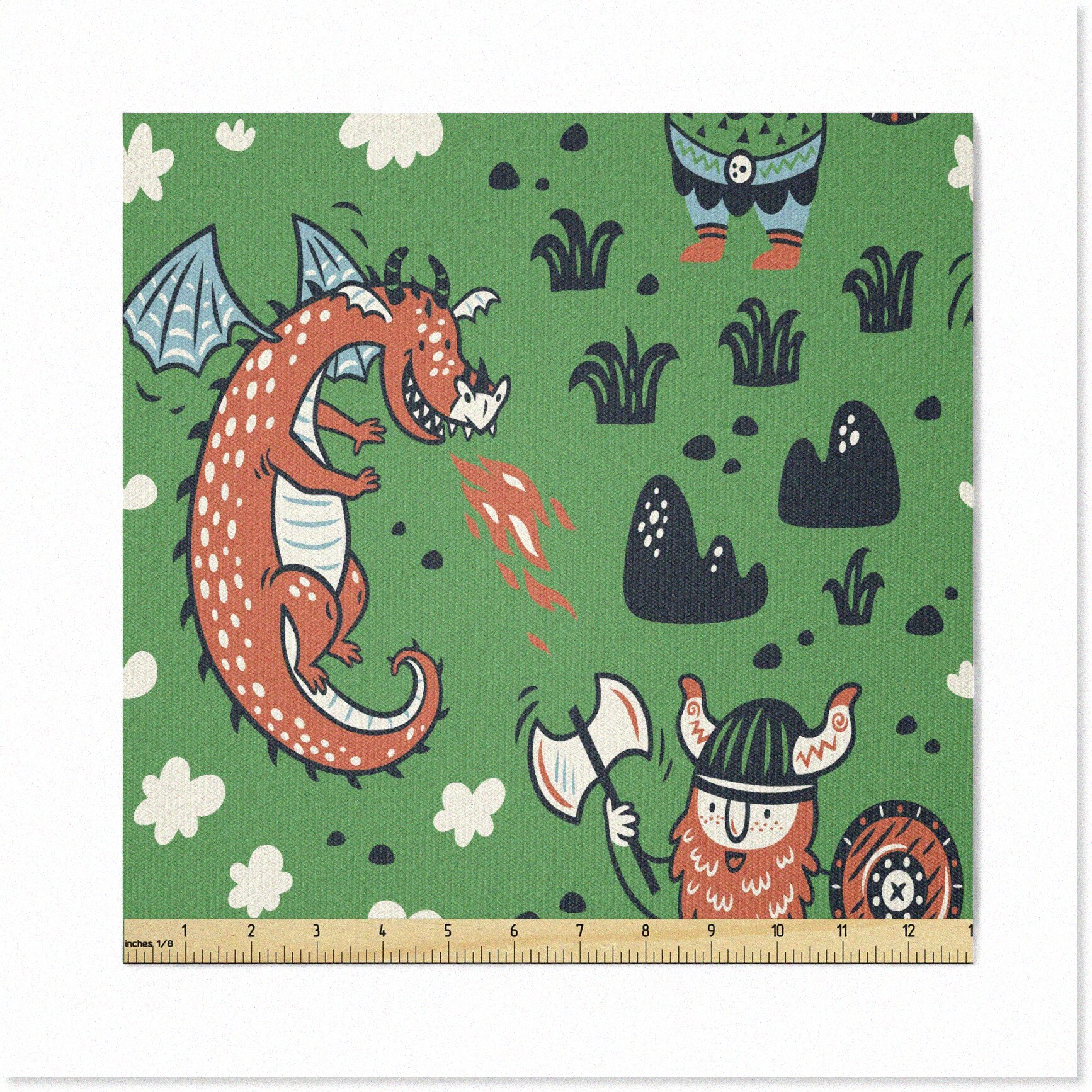 Dragon Adventure Fabric - Whimsical Viking Man in Sienna Fern - Stretch Knit for Clothing, Sewing, and Arts - 1 Yard