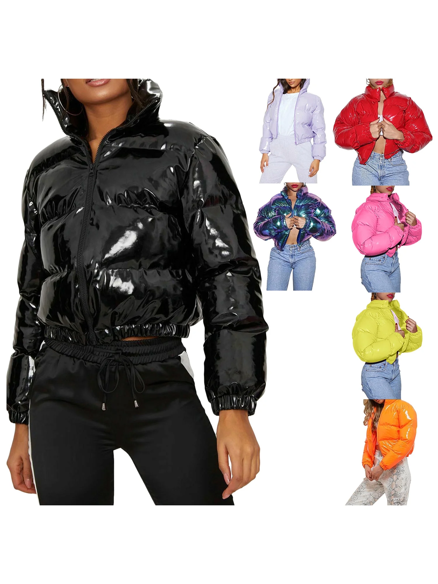 Women Winter Long Sleeve Quilted Puffer Jackets Waterproof Stand Collar Zipper Down Jackets Short Coats