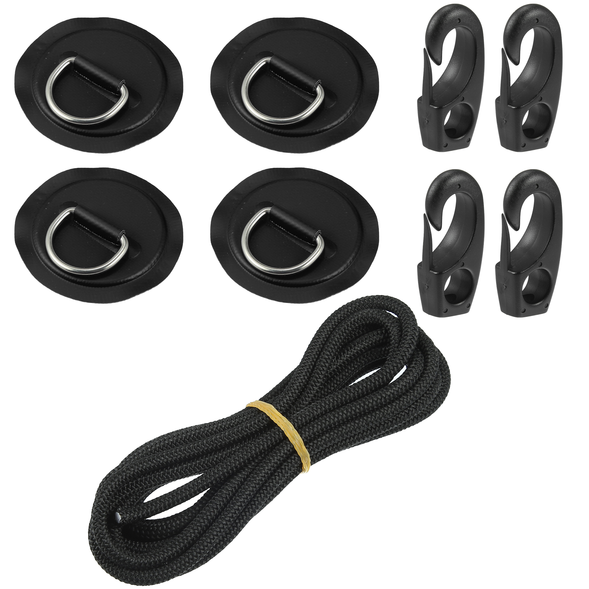 Unique Bargains 9pcs 11.81Ft 6mm Shock Cord with Hooks Elastic Deck Rigging Kit with 4 D Ring Patch for Kayak Black