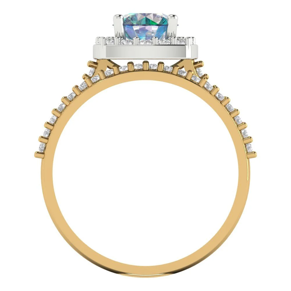 1.58 ct Brilliant Round Cut Synthetic Blue Moissanite 18K Yellow/White Gold(multi tone) Halo Solitaire with Accents Bridal Set SZ 6.75