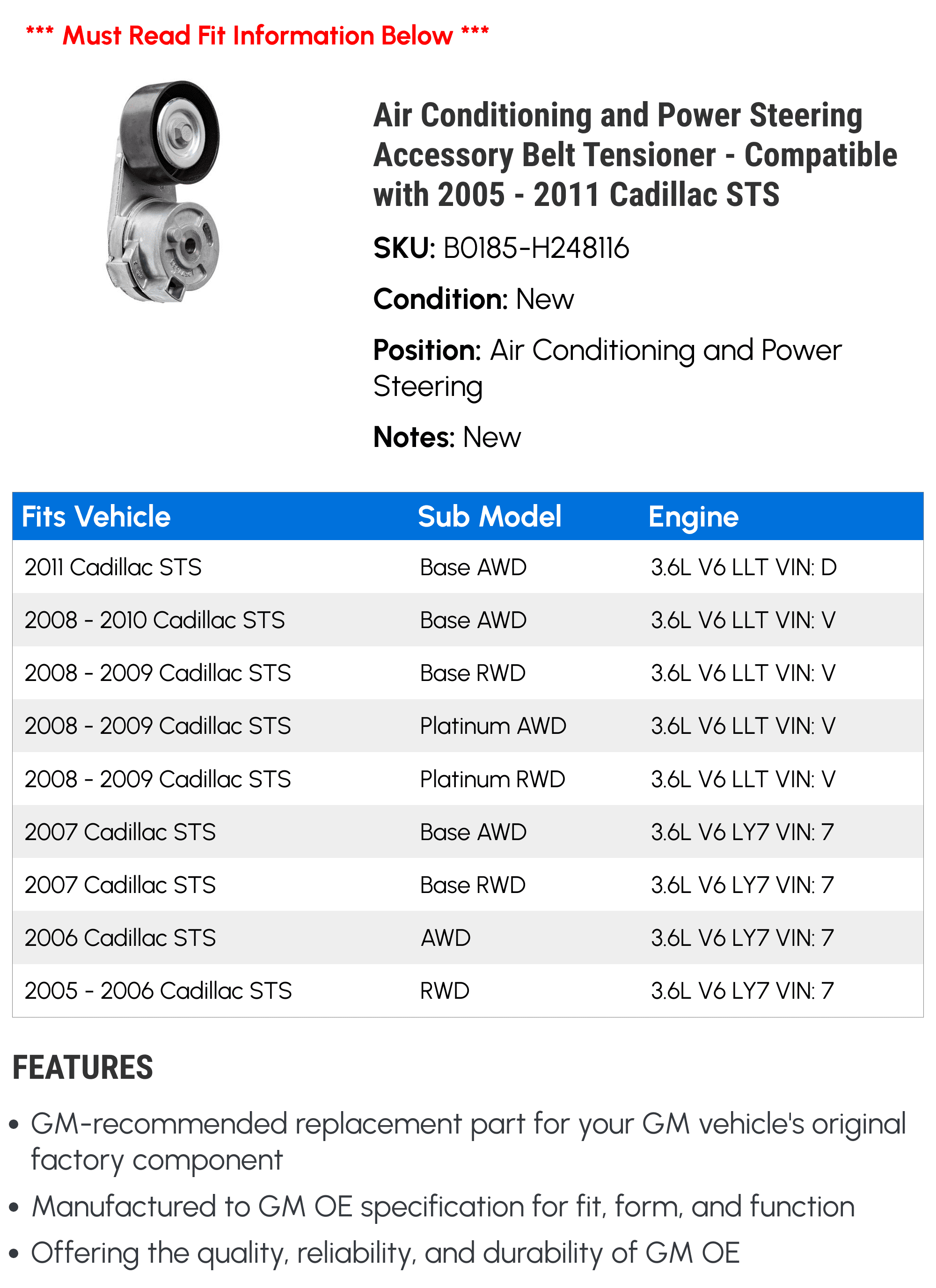 Air Conditioning and Power Steering Accessory Belt Tensioner - Compatible with 2005 - 2011 Cadillac STS 2006 2007 2008 2009 2010