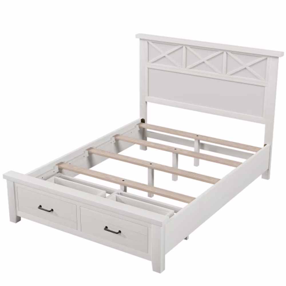 Rustic Farmhouse Style Whitewash Queen Storage Panel Bed with Two Drawers, White