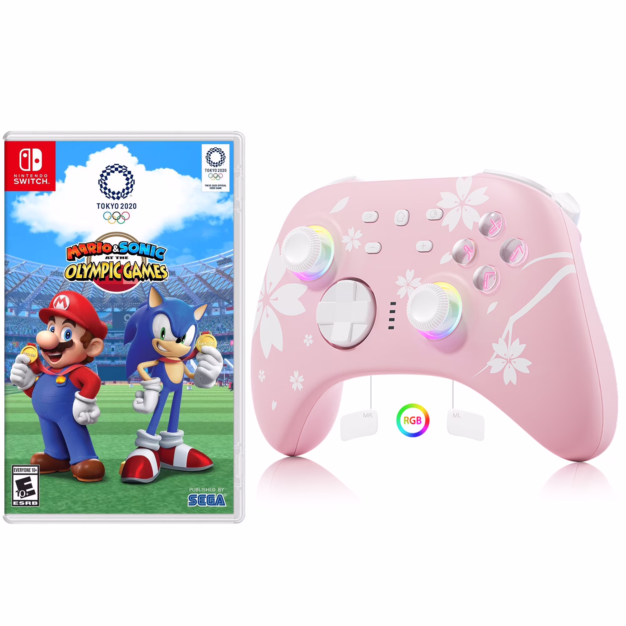 Mario & Sonic at the Olympic Games Tokyo 2020 Game Disc Upgraded Switch Pro Controller for Nintendo Switch/PC/IOS/Android/Steam with Hall Effect Joysticks Triggers 2 Pairs of Joysticks Charging base