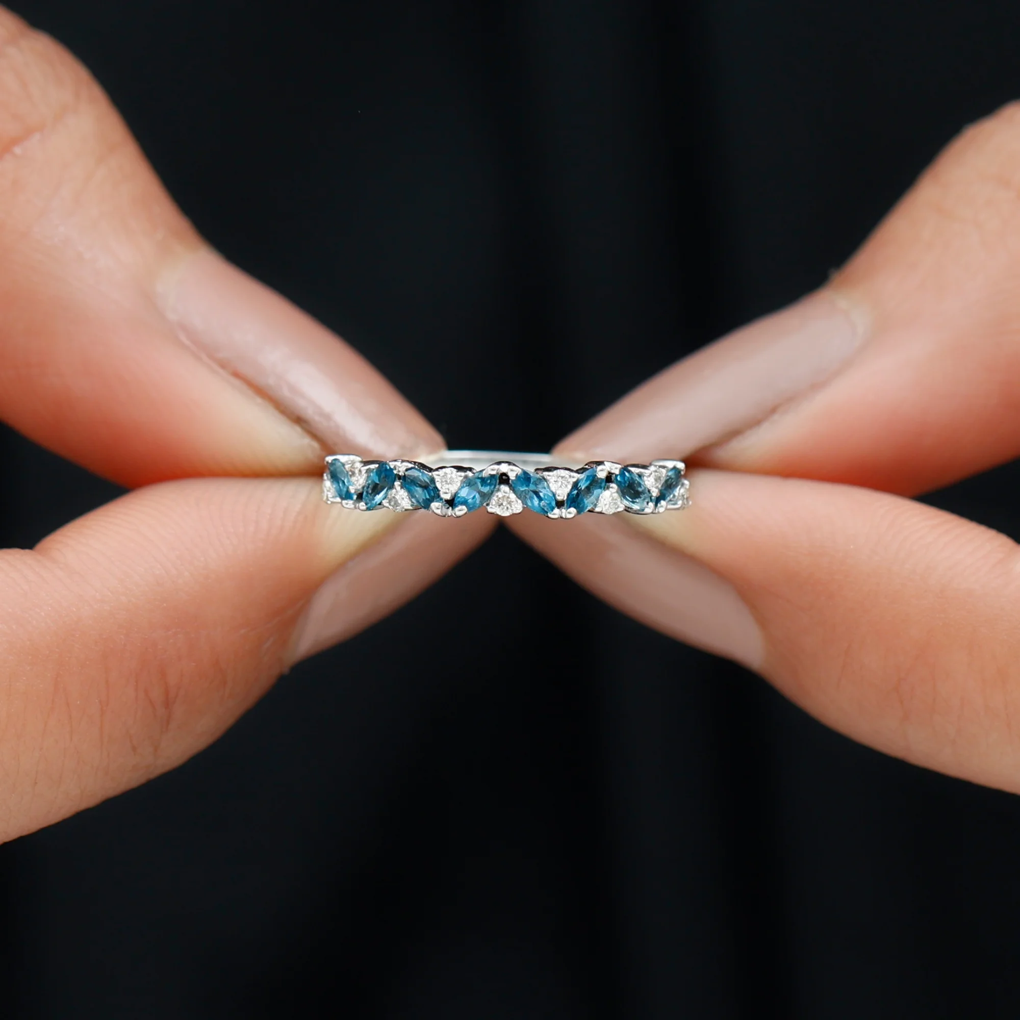 London Blue Topaz and Diamond Eternity Ring, Marquise Topaz Semi Eternity Ring, Diamond Stackable Ring, 925 Sterling Silver, US 4.00