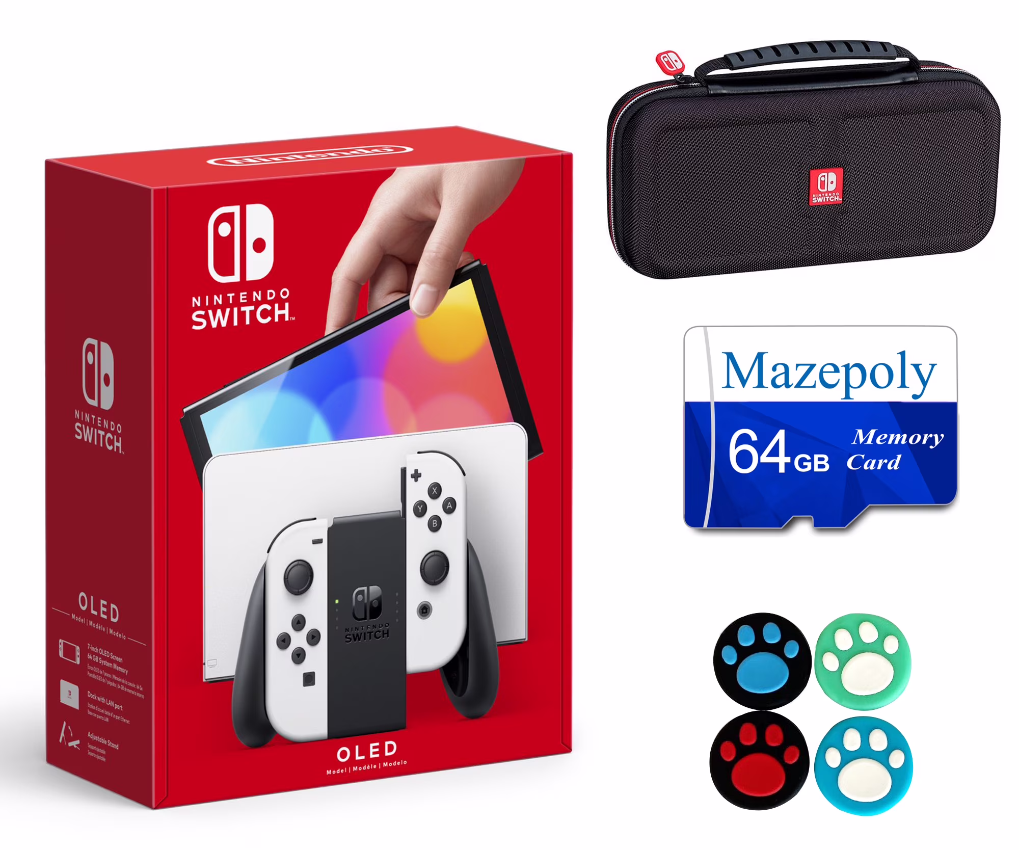 Nintendo Switch 64GB OLED Model Bundle, Nintendo Switch Console with White Joy-Con Controllers & Dock, Vibrant 7-inch OLED Screen, 64GB Storage, Switch Deluxe Travel Case with Mazepoly Accessories