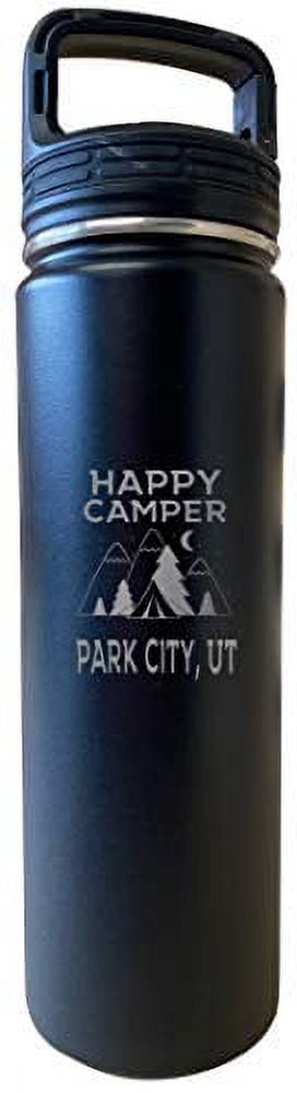 Park City Utah Happy Camper 32 Oz Engraved Black Insulated Double Wall Stainless Steel Water Bottle Tumbler