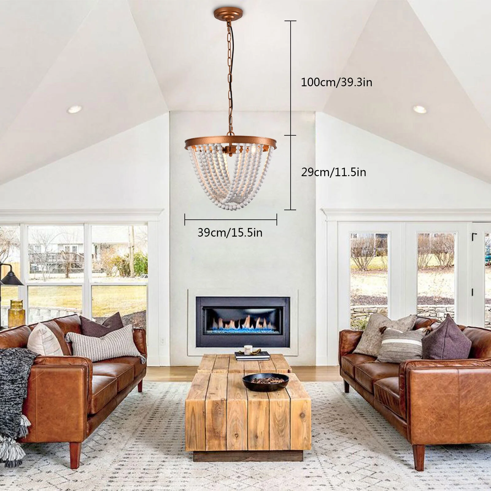 Oukaning 3-lights Boho Wood Bead Chandelier Adjustable Height Pendant Light Ceiling Lamp Bohemian-inspired 15.5