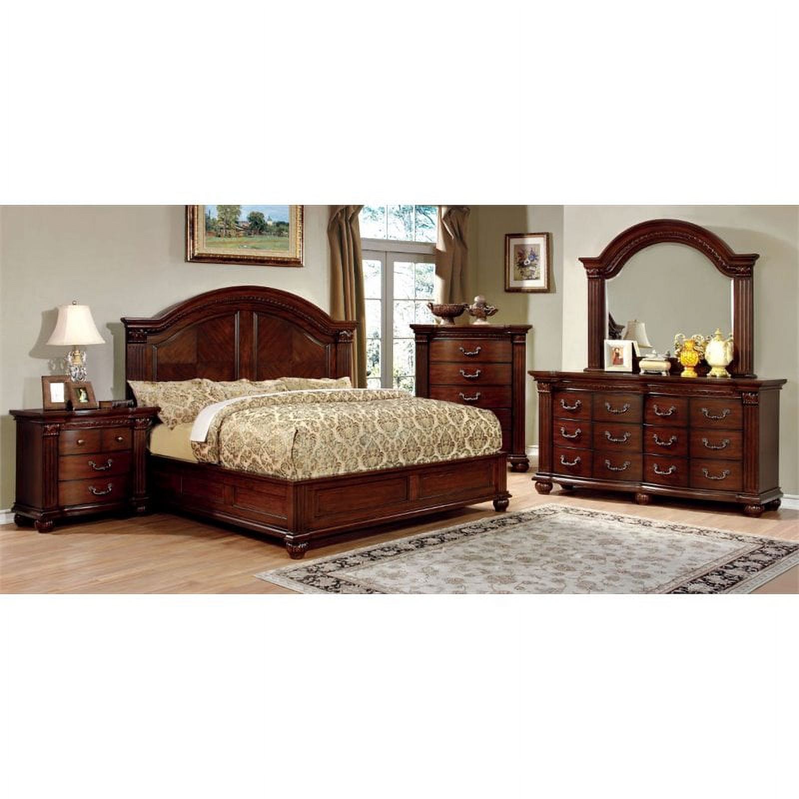FOA Sorella 4pc Cherry Solid Wood Bedroom Set-Cal King+Nightstand+Dresser+Mirror