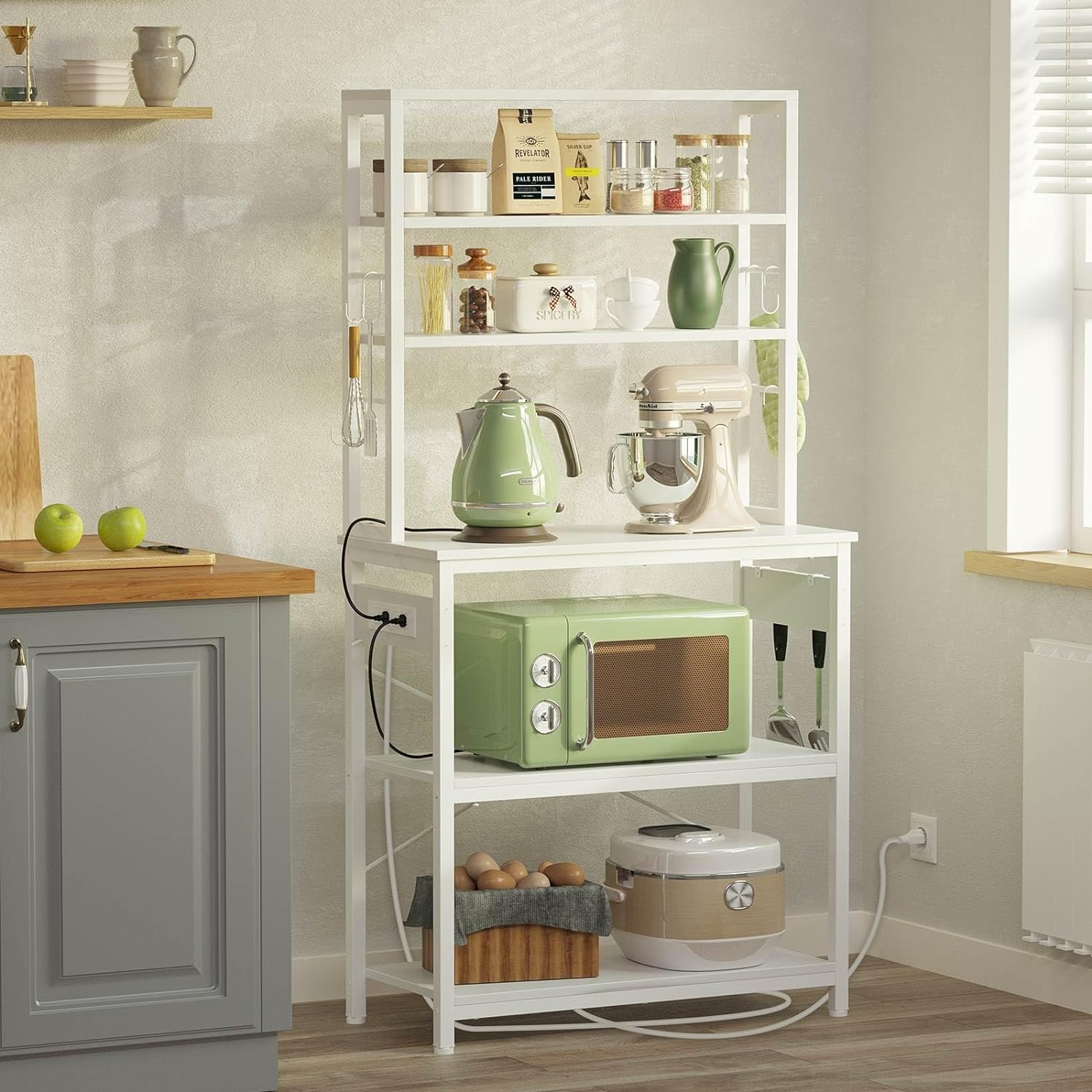 YONG Baker's Rack with 4AC Power Outlet, 65.7in Microwave Stand with 10 Hooks, Stable Coffee Bar Table, 6-Tier Kitchen Storage Shelf Rack, White